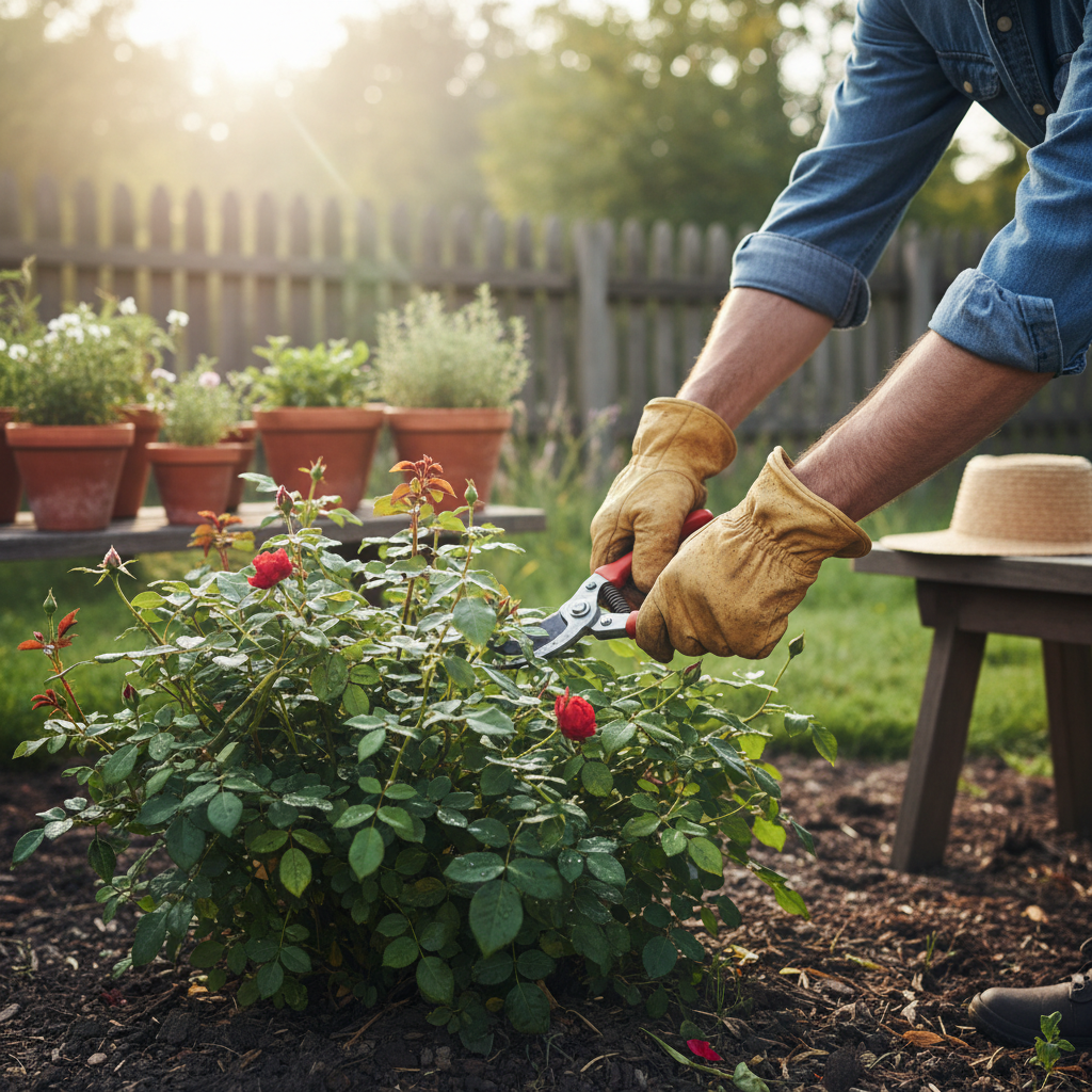 Gardener using pruning shears on plants