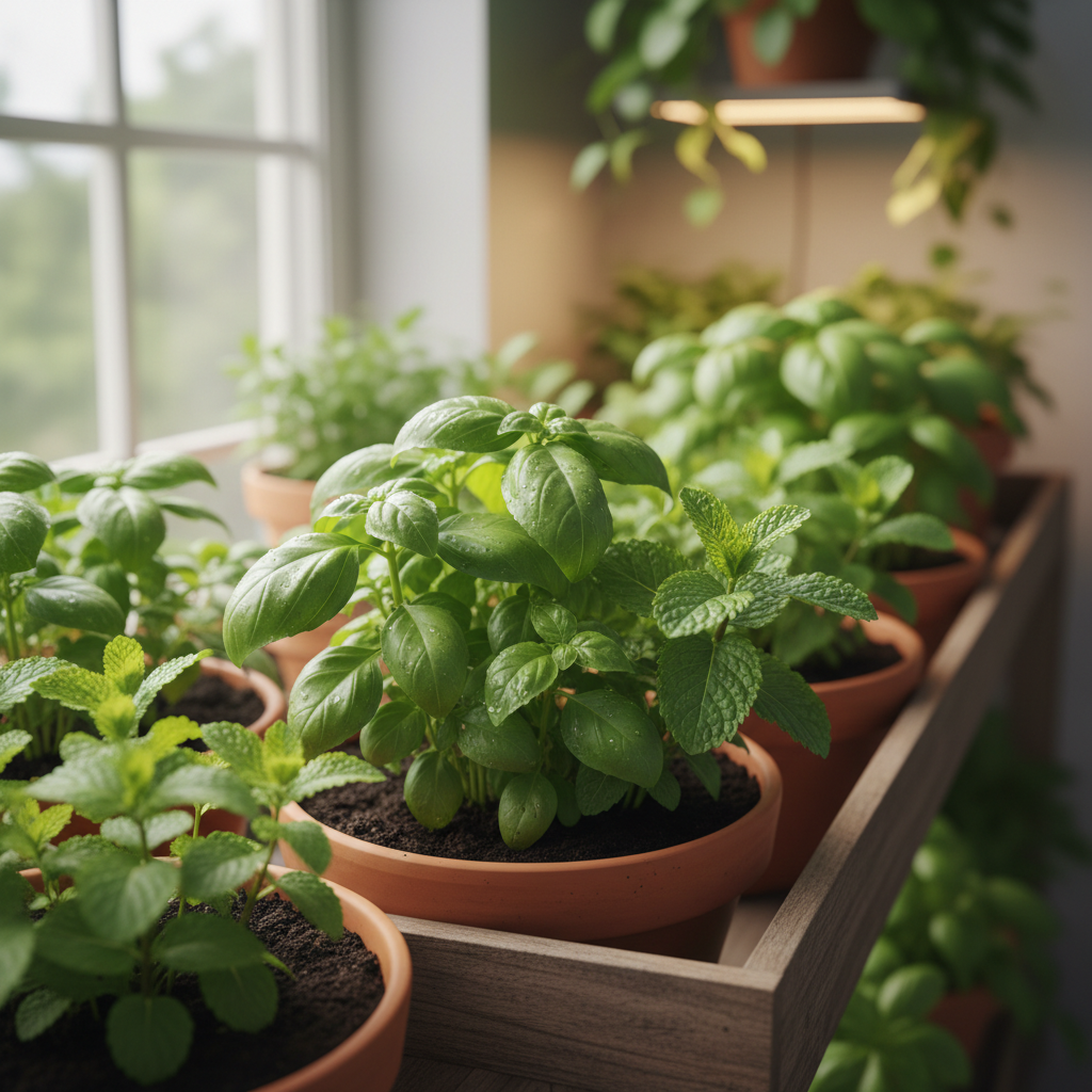 Close-up of fresh basil and mint leaves in an indoor garden.