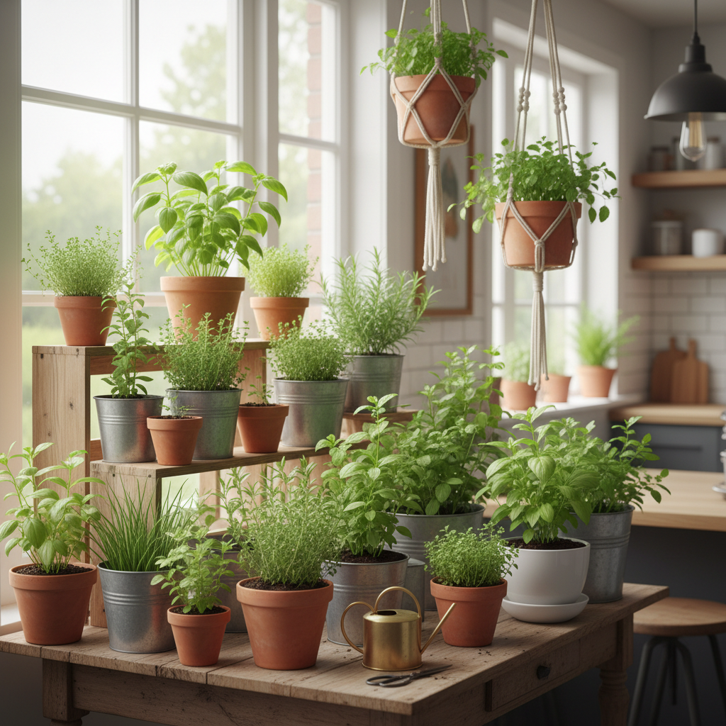 A well-lit indoor herb garden with various herbs in containers.