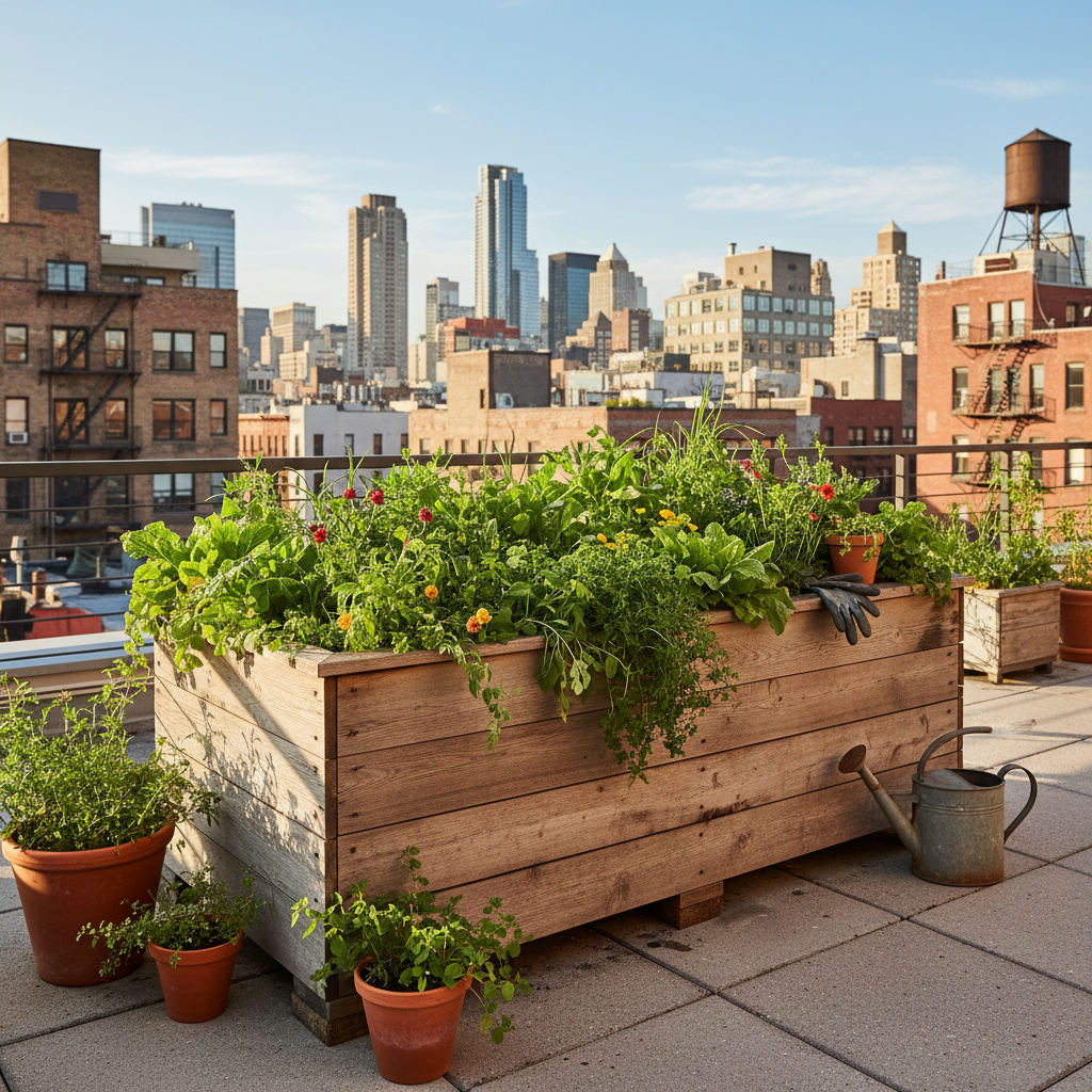 Raised bed planter in an urban setting