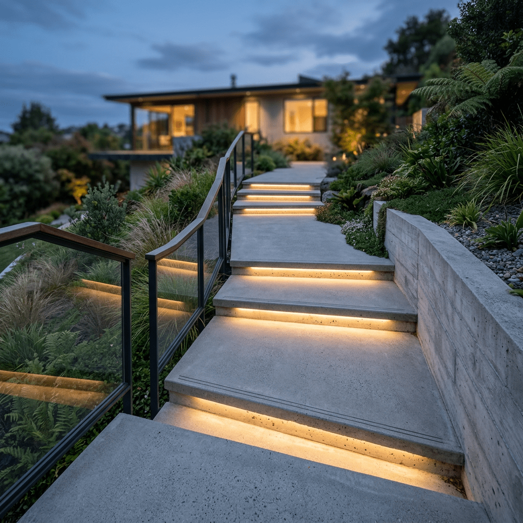 10 Stunning Garden Step Designs to Inspire You Modern concrete steps with integrated lighting